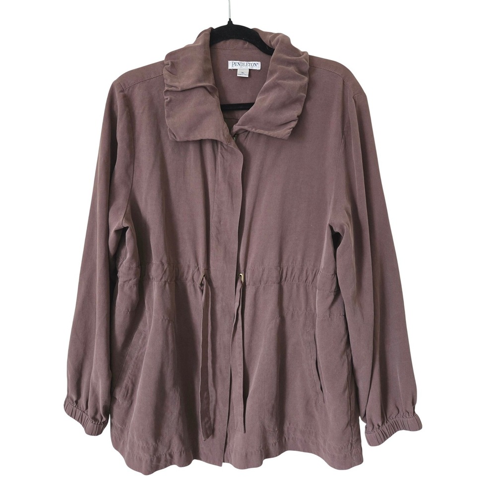 Pendleton Womens XL Petite Utility Fall Jacket Brown 100% Silk Drawstring